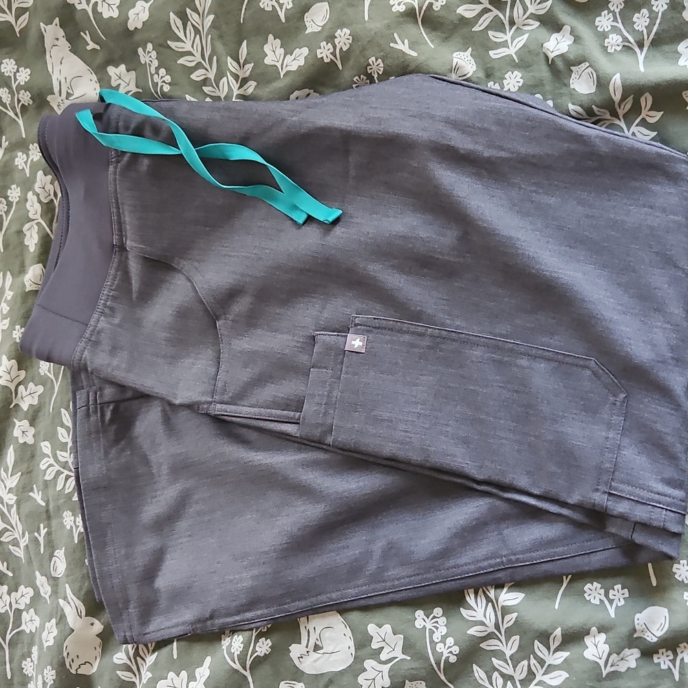 Figs Gray Pants with Teal Drawstring